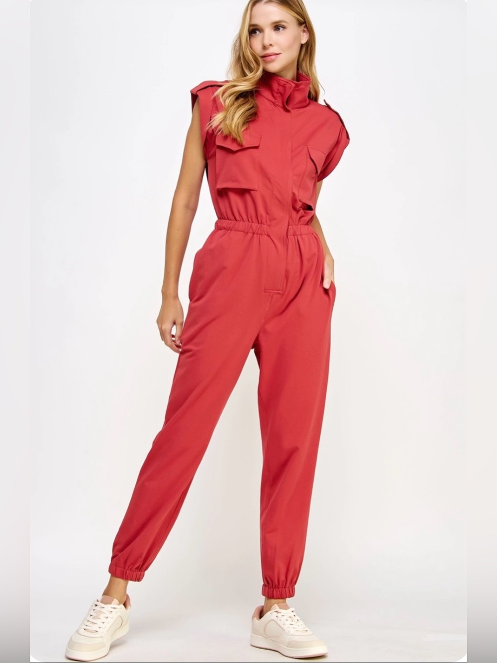Sleeveless Red Utility Jumpsuit with Elastic Waist and Ankle Cuffs